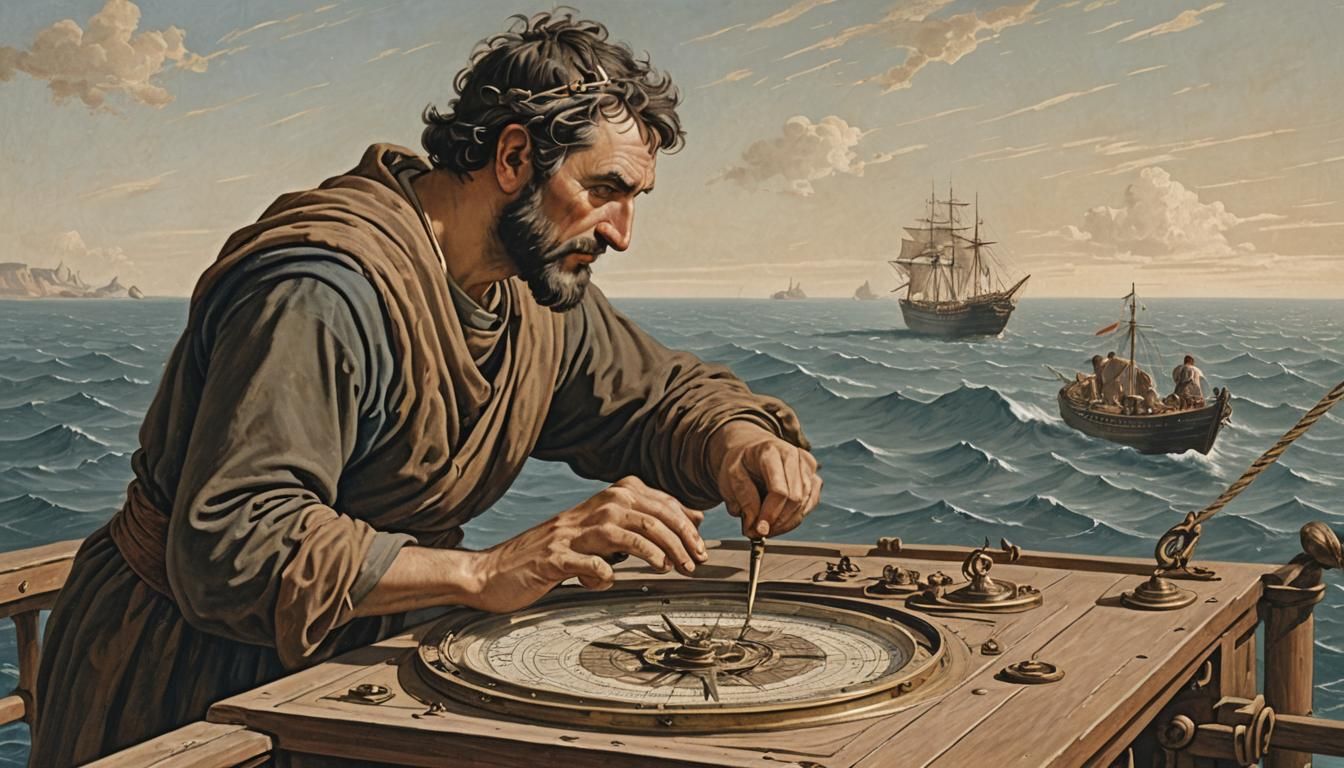 A man consults a compass on the stern of a ship. On the horizon a wide ocean surrounds the ship on a sunny day. The imag...