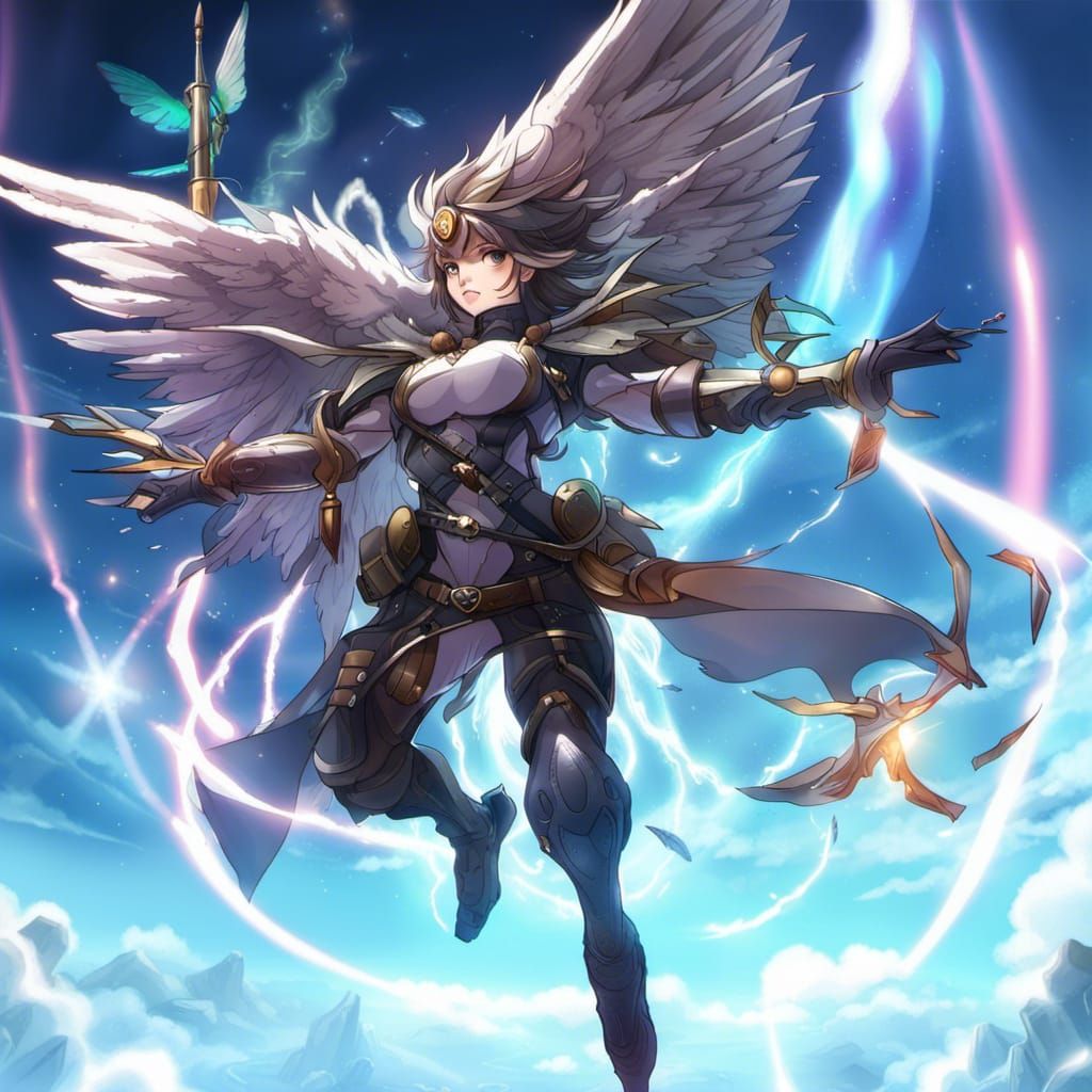 Humanoid Bird Warrior Flies in Lightning Storm