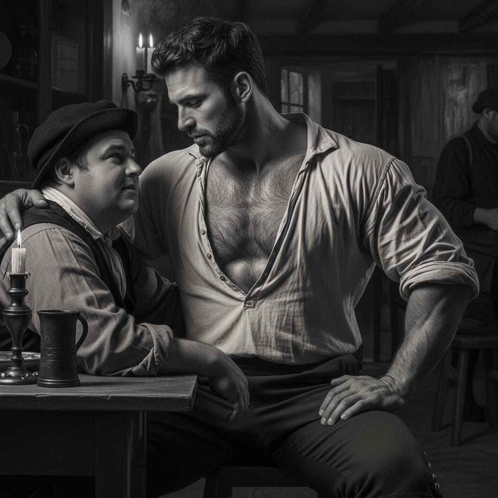 Muscular Hunter Seduces Man in 18th Century French Tavern