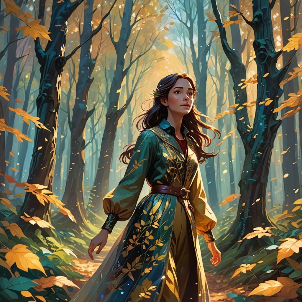Mira in Whispering Woods: Cinematic Oil Painting