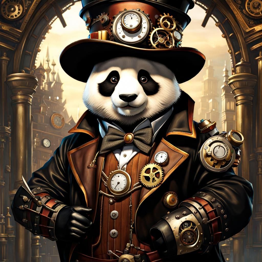 Steampunk Panda in Detailed Retropunk Style