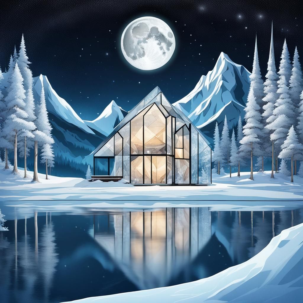 Abstract Crystal Home on Frozen Lake at Night