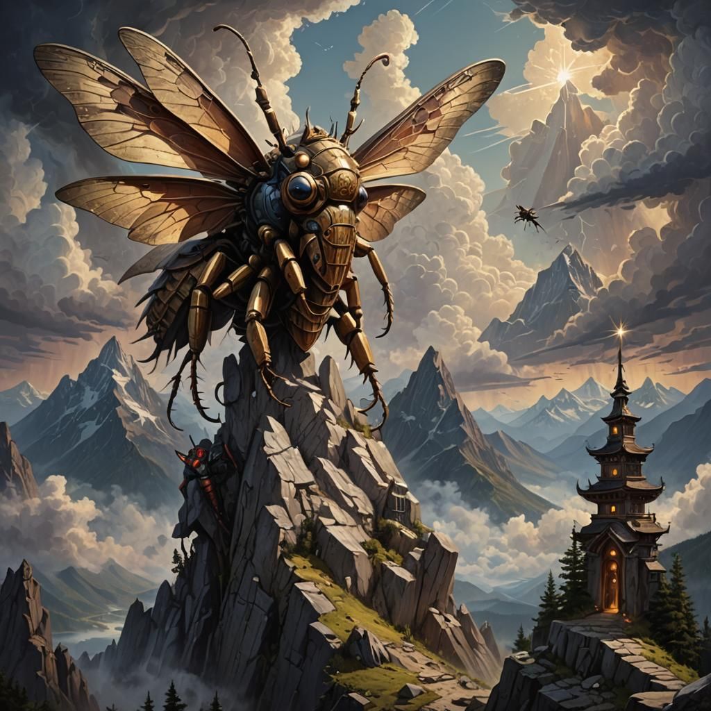 Insect Totem in a Haunting Mountain Landscape