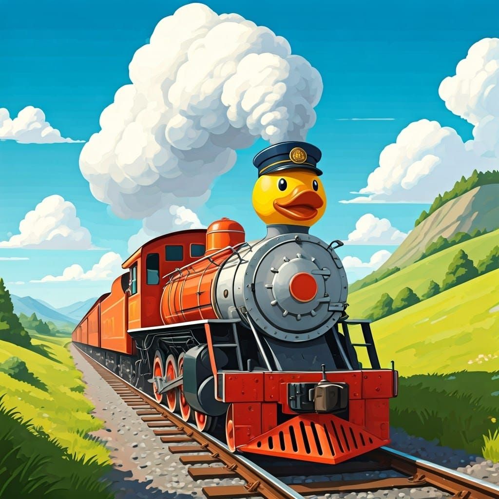 Cheerful Rubber Duck Conductor Chugs Along Scenic Railroad