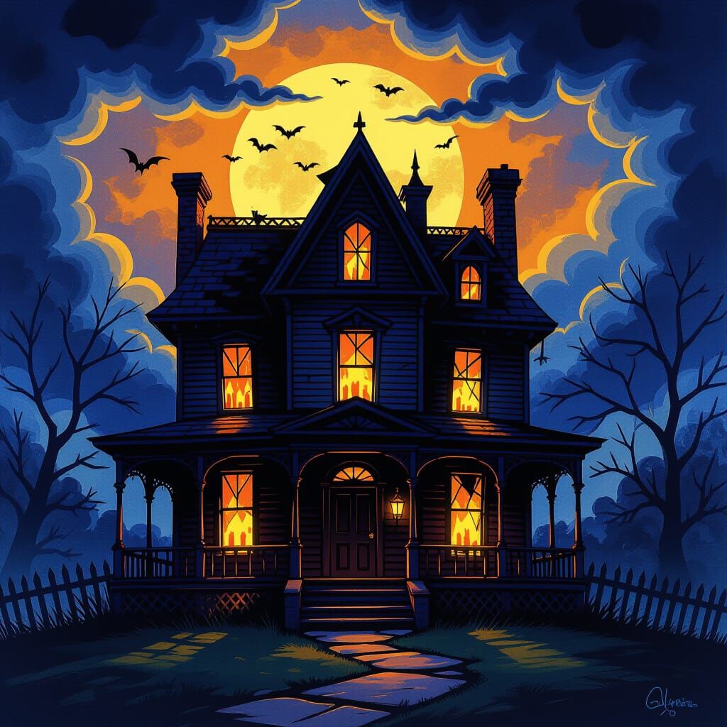 Creepy Haunted House with Candlelight in Stormy Sky