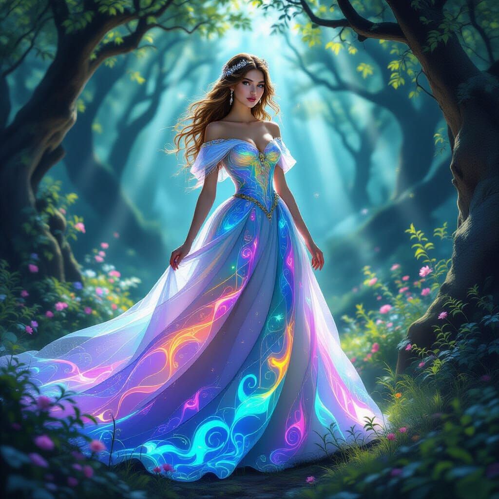 Medieval Princess in Glowing Rainbow Gown