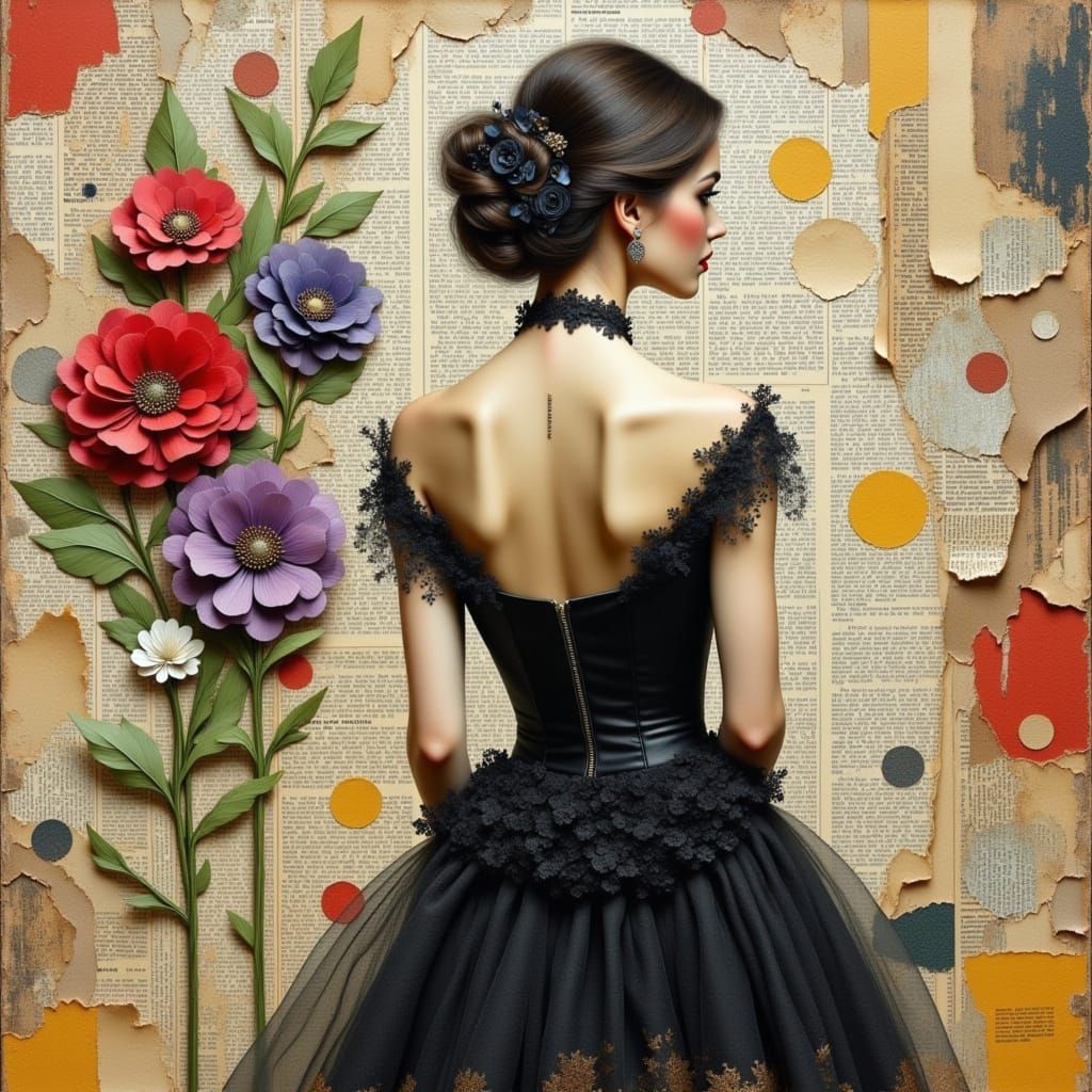 Collage Art: Woman in Black Dress with Paper Flowers
