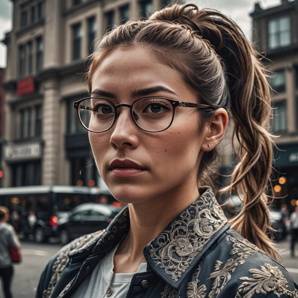 Hyperrealistic Girl with Ponytail and Glasses
