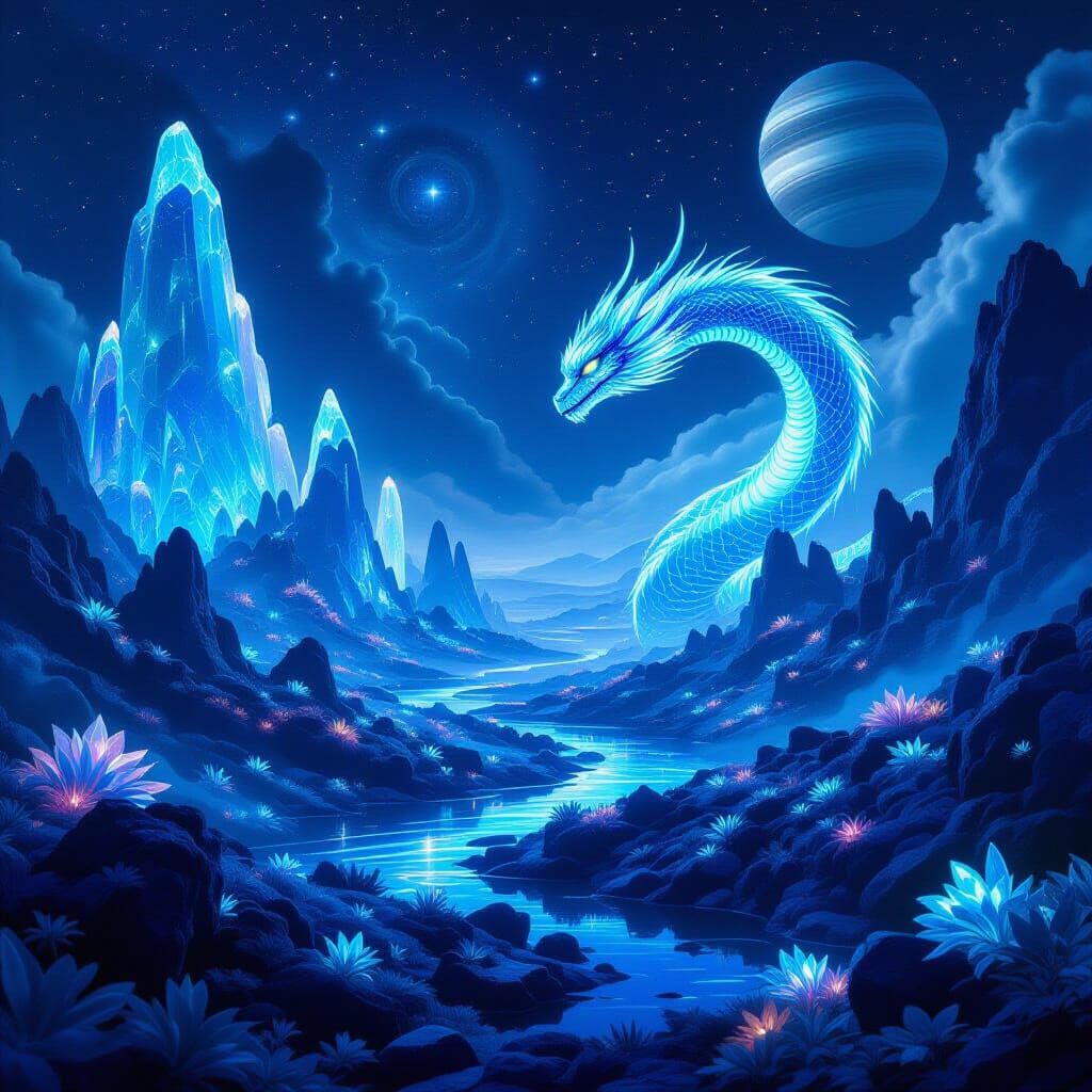 Bioluminescent Alien World with Dragon-like Creature