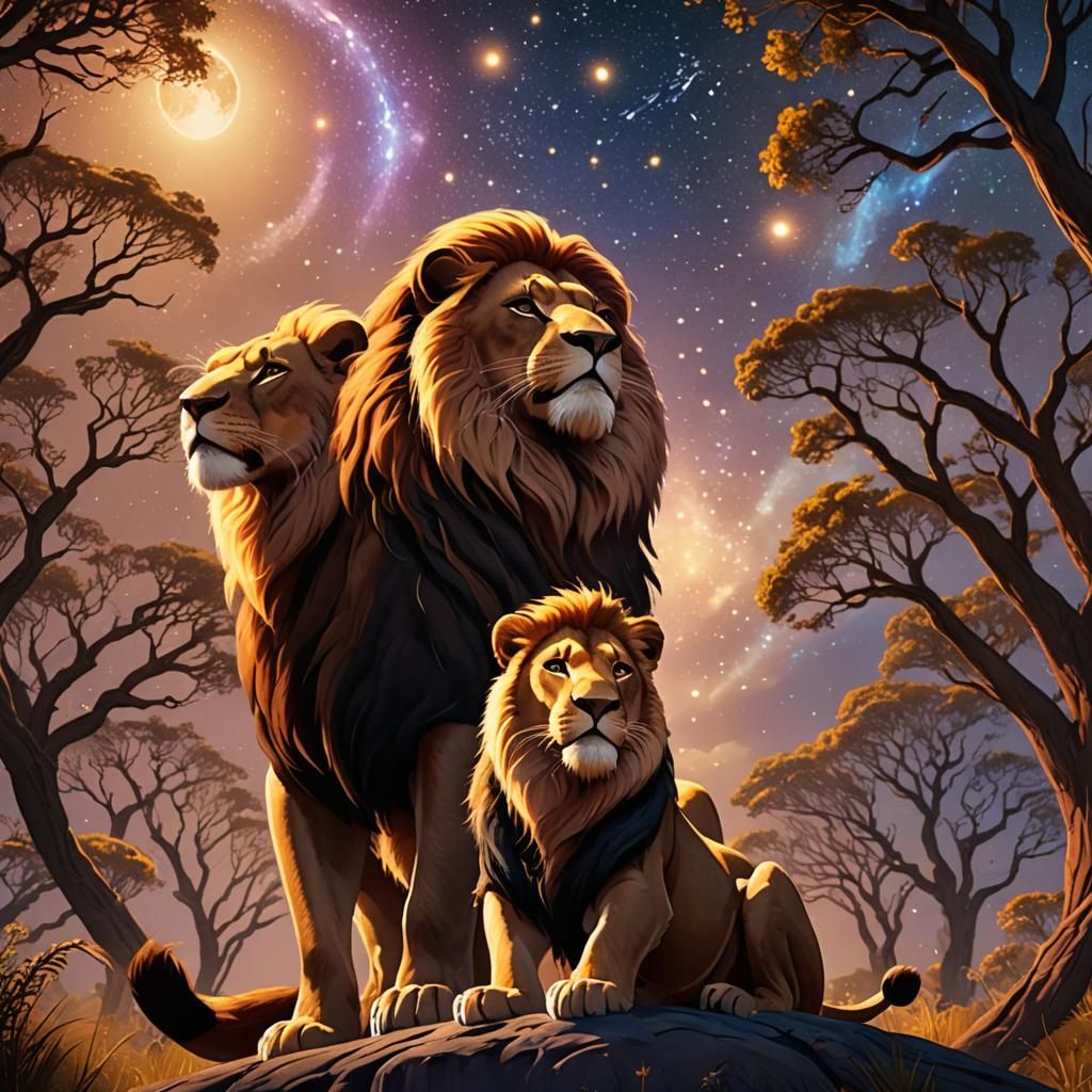 Mufasa and Simba Under a Starry Sky: 3D Digital Art