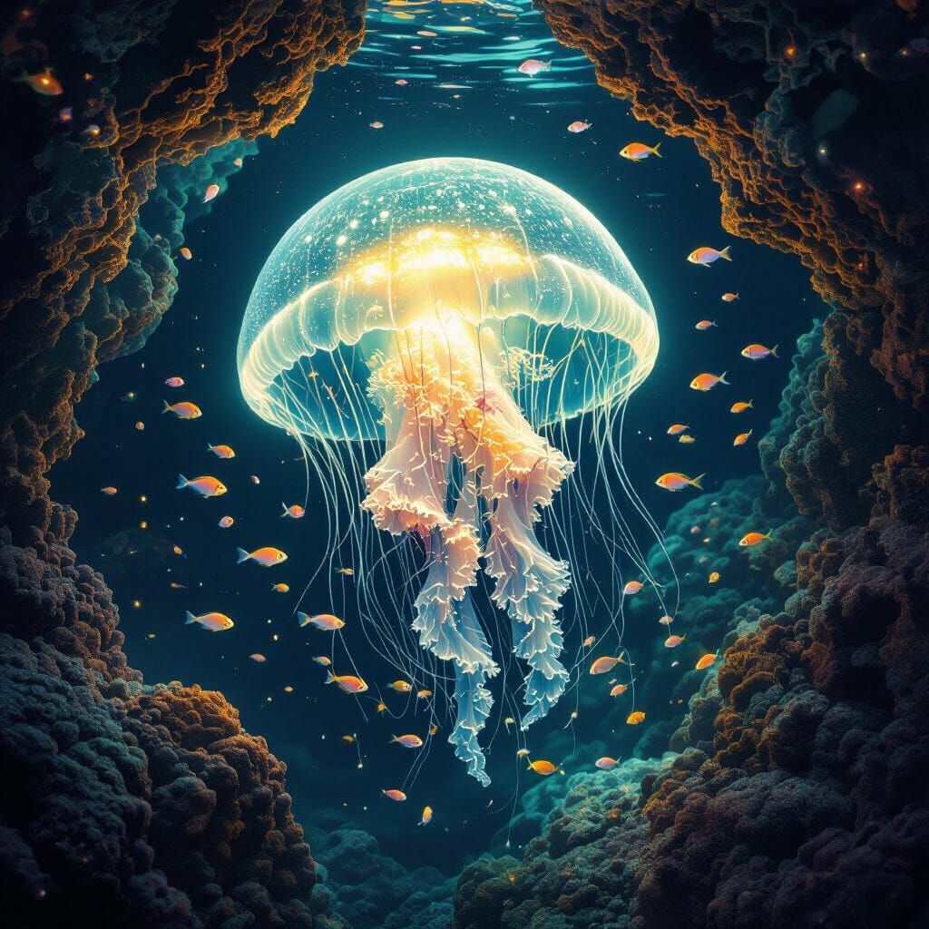 Bioluminescent Jellyfish in the Deep Sea: Psychedelic Art