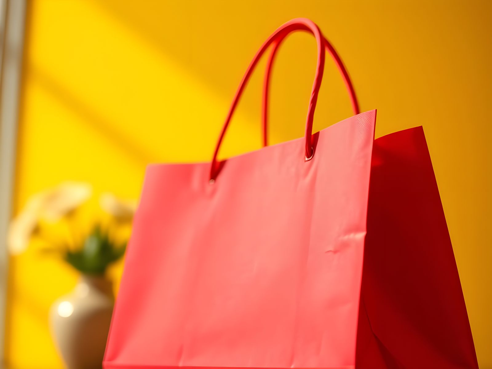 Vibrant Red Shopping Bag in Warm Yellow Hues