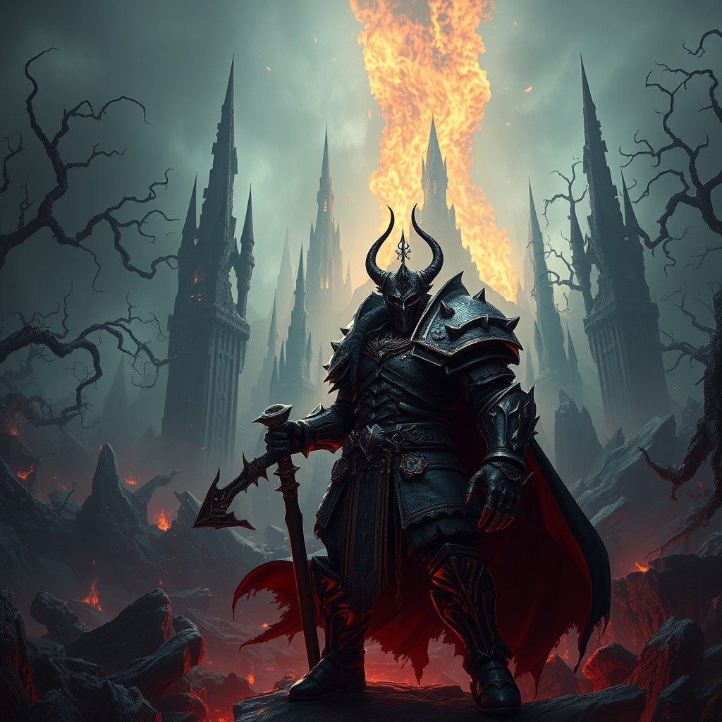 Epic Diablo Warrior in Ruined Warcraft Landscape