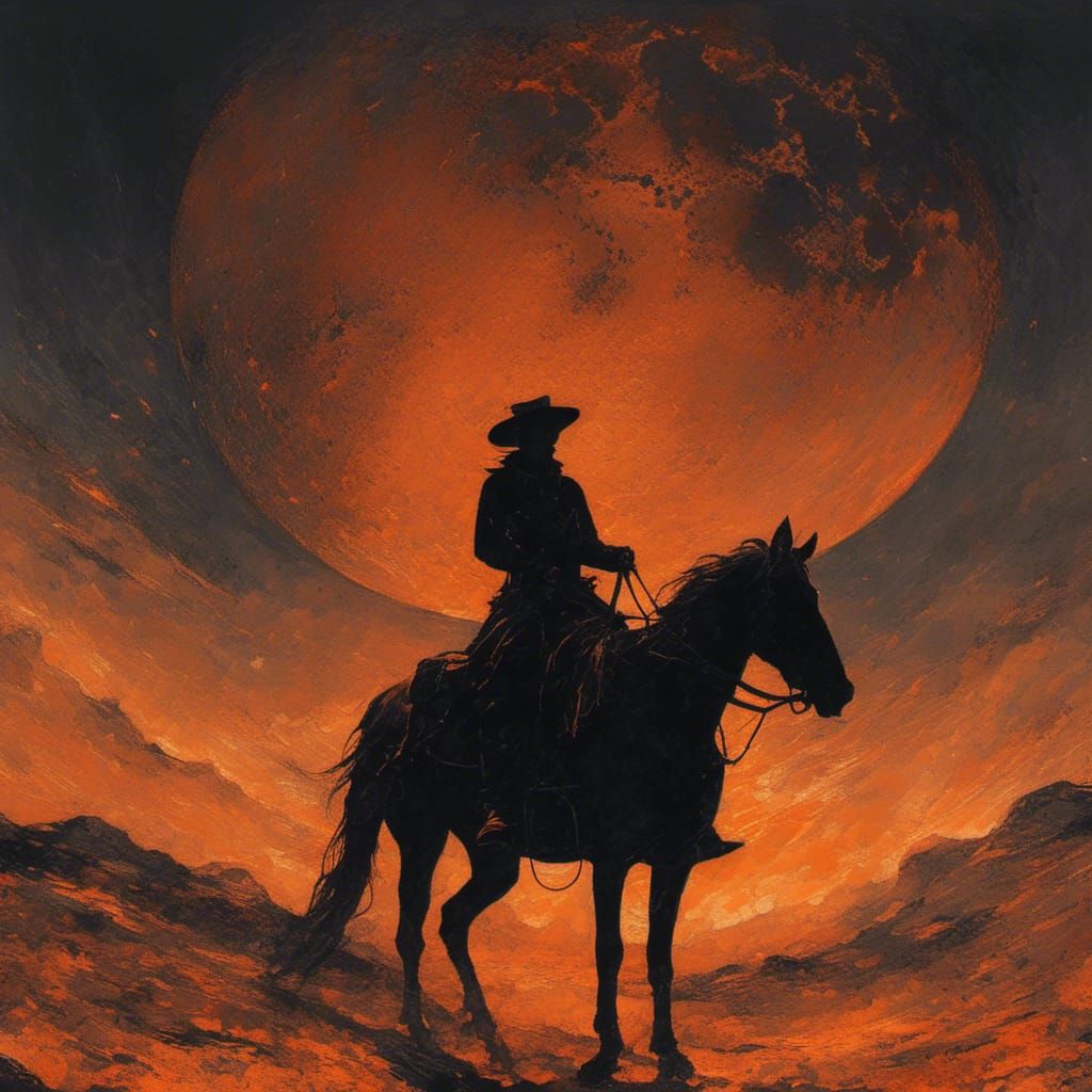 Cowboy Silhouette Rides into Orange Sunset
