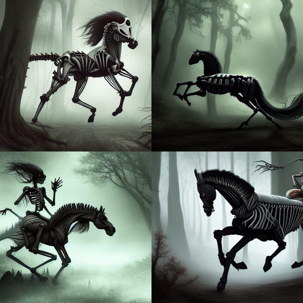 Skeleton Rider on Horse in Dark Forest