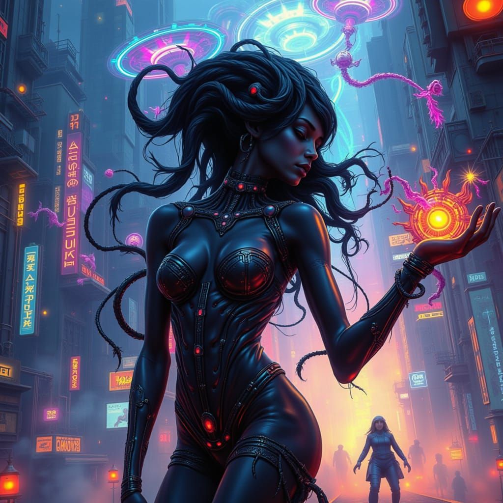 Dark Skinned Android Witch Conjures Magic in Cyberpunk City