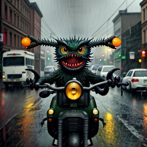 Surreal Creature Rolls Through Rainy City Street