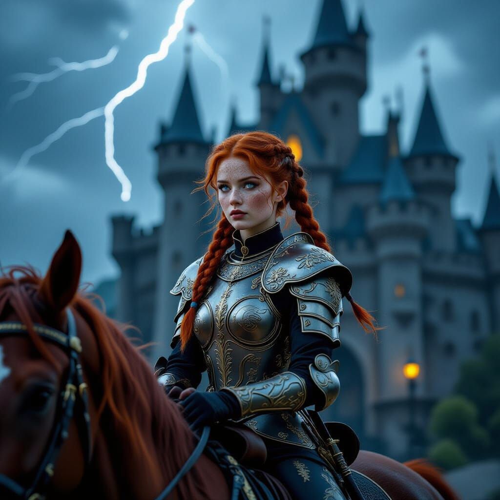 Redheaded Knight Rides from Castle on Stormy Night