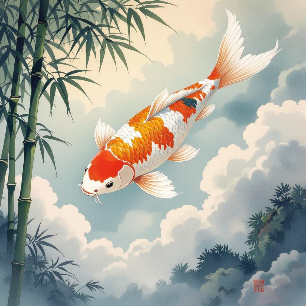 Giant Koi Fish Ascends Through Pastel Clouds Over Bamboo For...