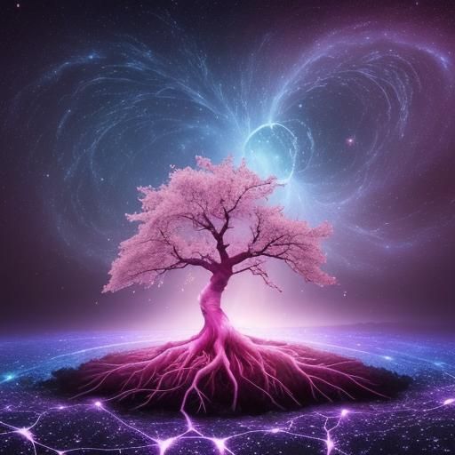 Cosmic Cherry Blossom Tree in Mystical Setting