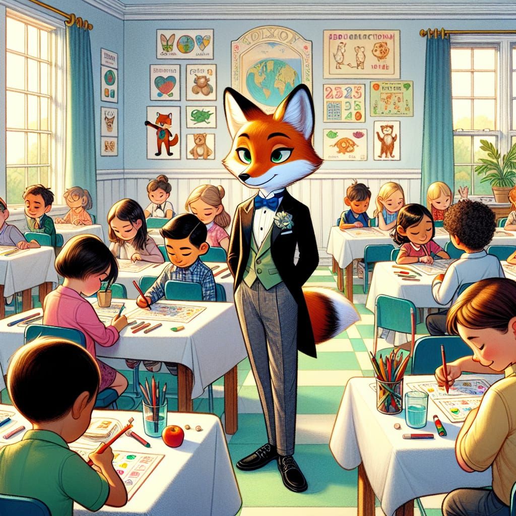 Fox in Tuxedo at Dinner Party & Classroom Test Scene