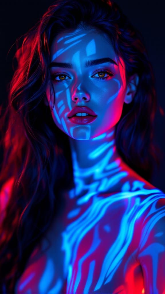 Surreal Neon Portrait: Woman's Skin Wired with Blue Fire