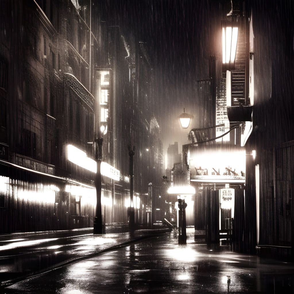 Steampunk Noir Cityscape in Rain at Night