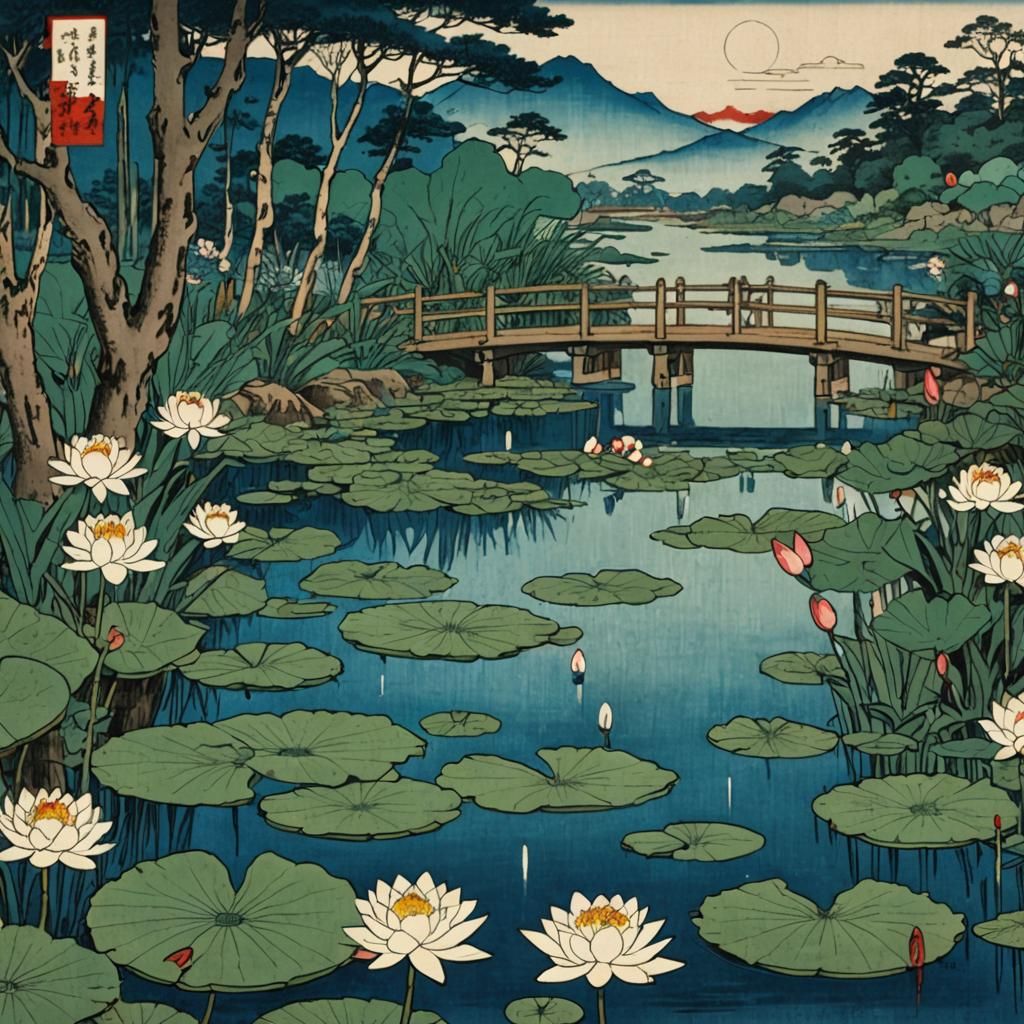 Waterlily Pond in Ukiyo-e Style