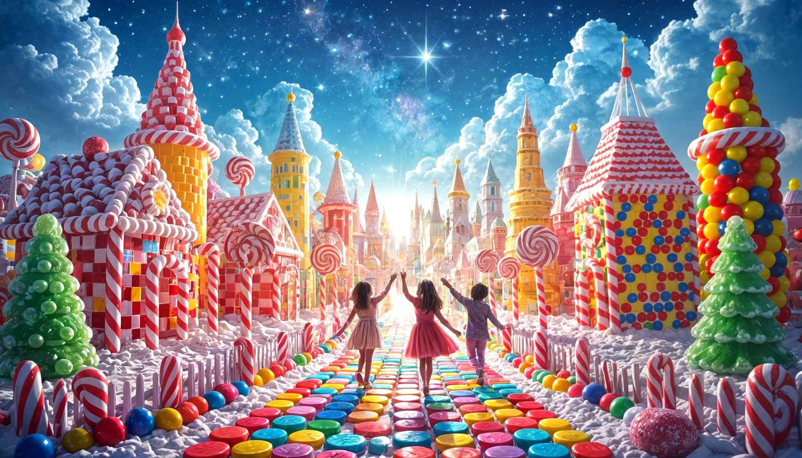 Vibrant Candy Cityscape with Dancing Kids