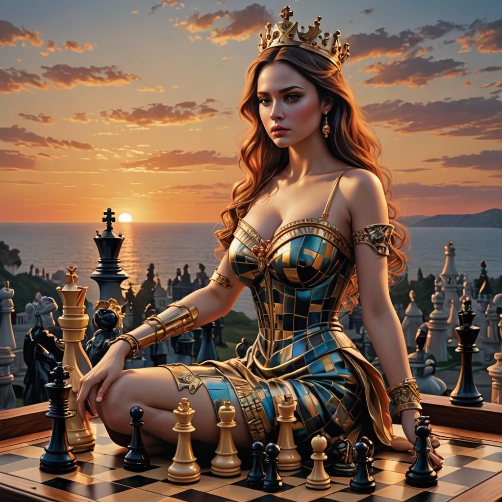 Chess Queen at Sunset: Hyperrealistic and Surreal