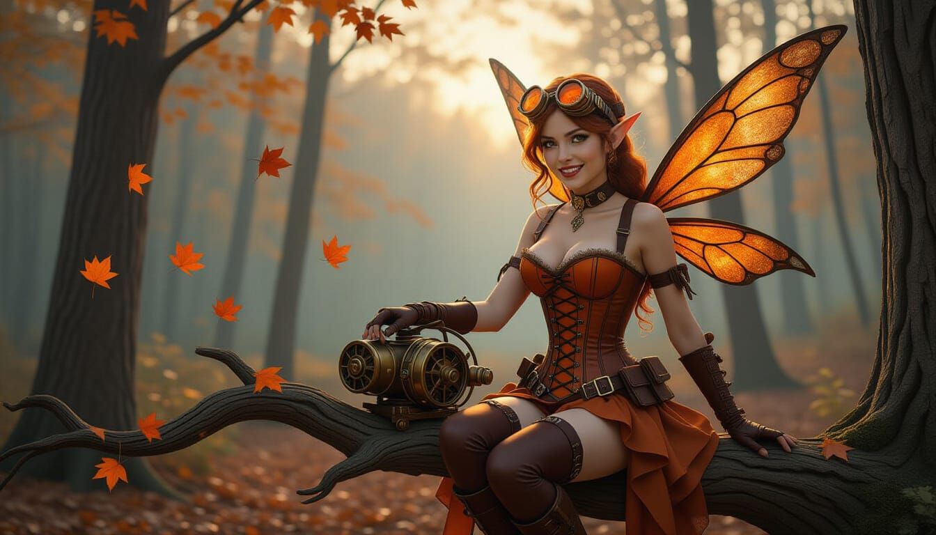 Steampunk Faerie in Autumn Forest at Twilight