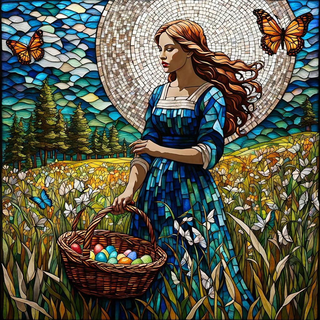 Encaustic Meadow: Girl with Easter Eggs