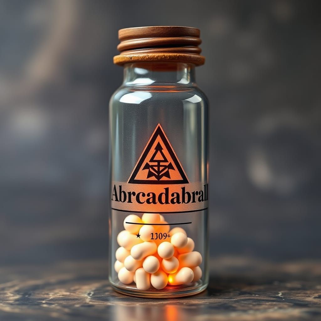 Magical Pill Bottle with Abracadabrall in a Whimsical Style