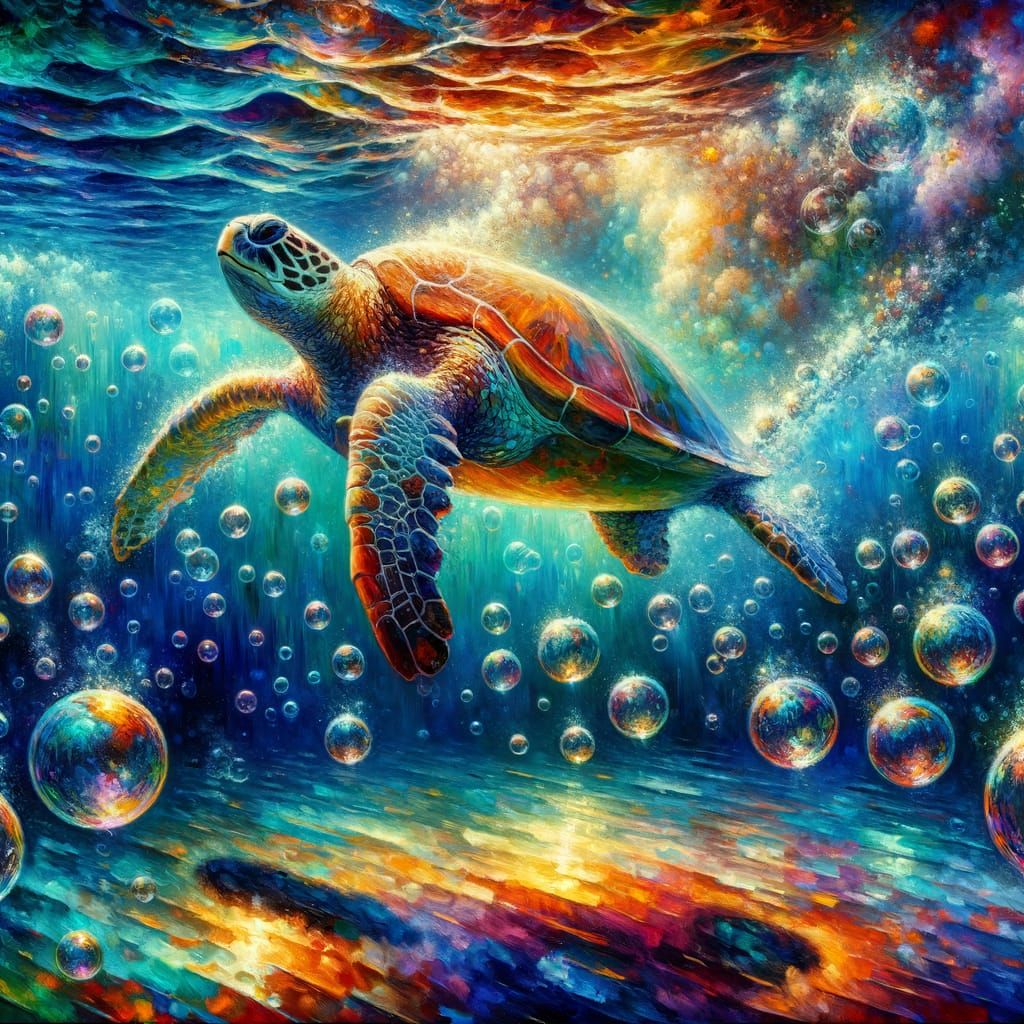 Neo-impressionism expressionist style oil painting. A majestic sea turtle swims through a field of floating bubbles, eac...