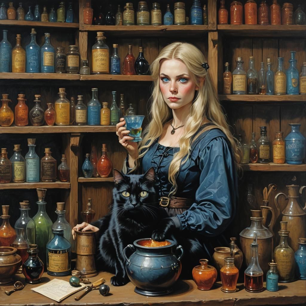 Black Cat and Witch Brewing Spell in Oil Painting