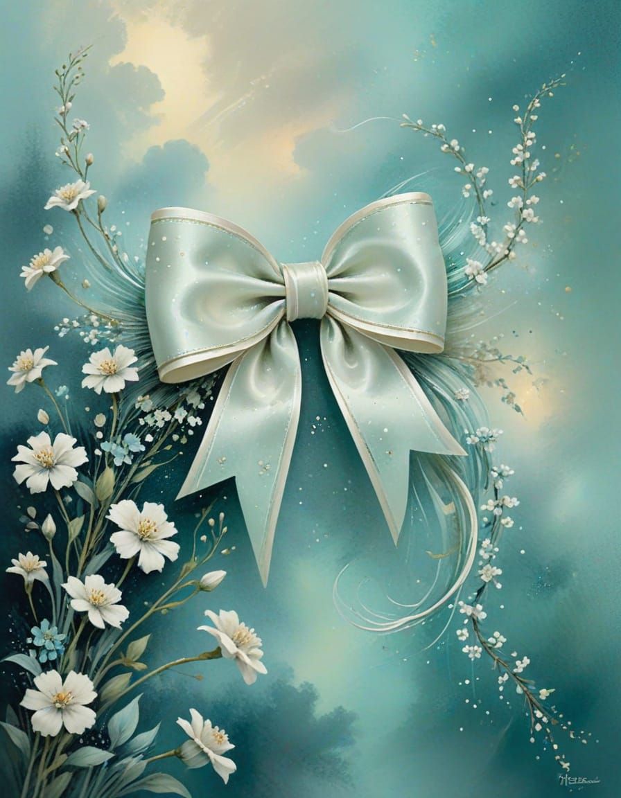 Ethereal Watercolour Bow with Flowers on Teal Background