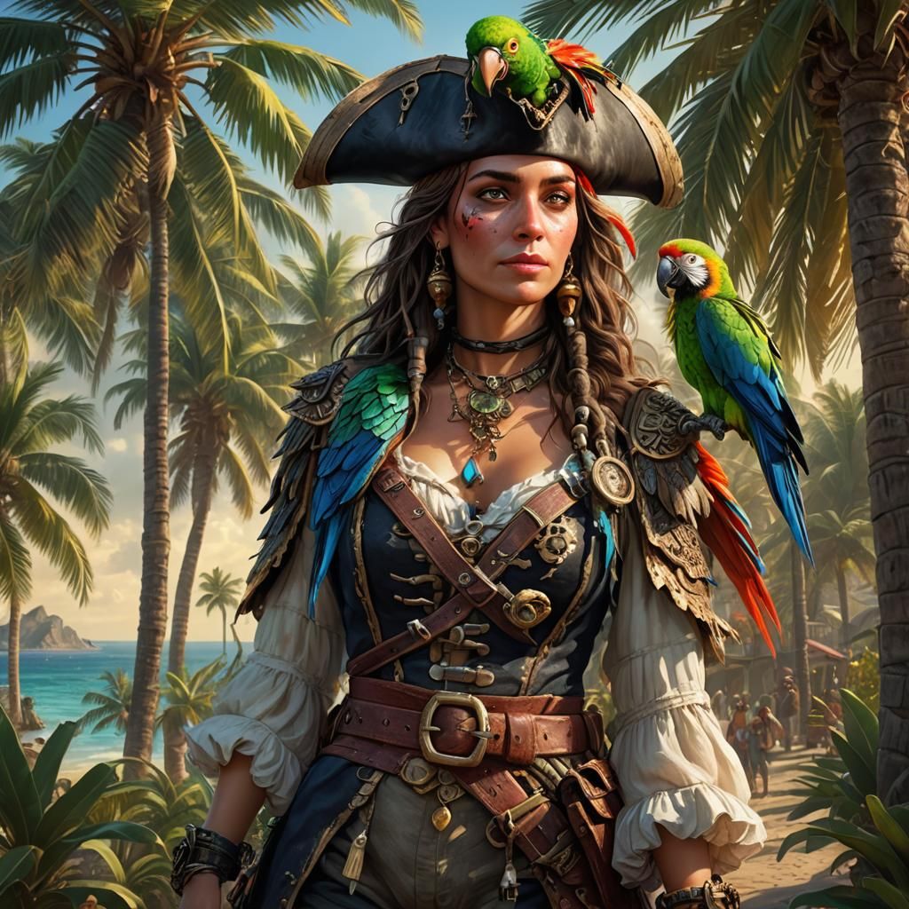 Pirate Queen with Parrot: Hyper-Detailed Octane Render