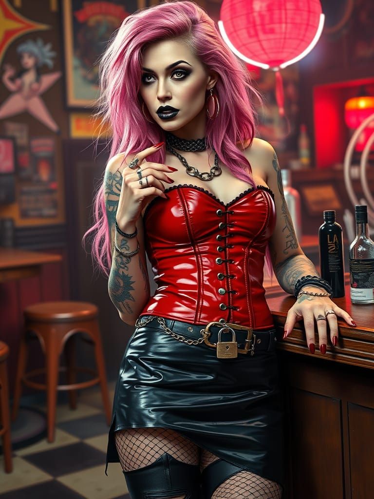 Punk Woman with Pink Hair in Hyperrealistic Style
