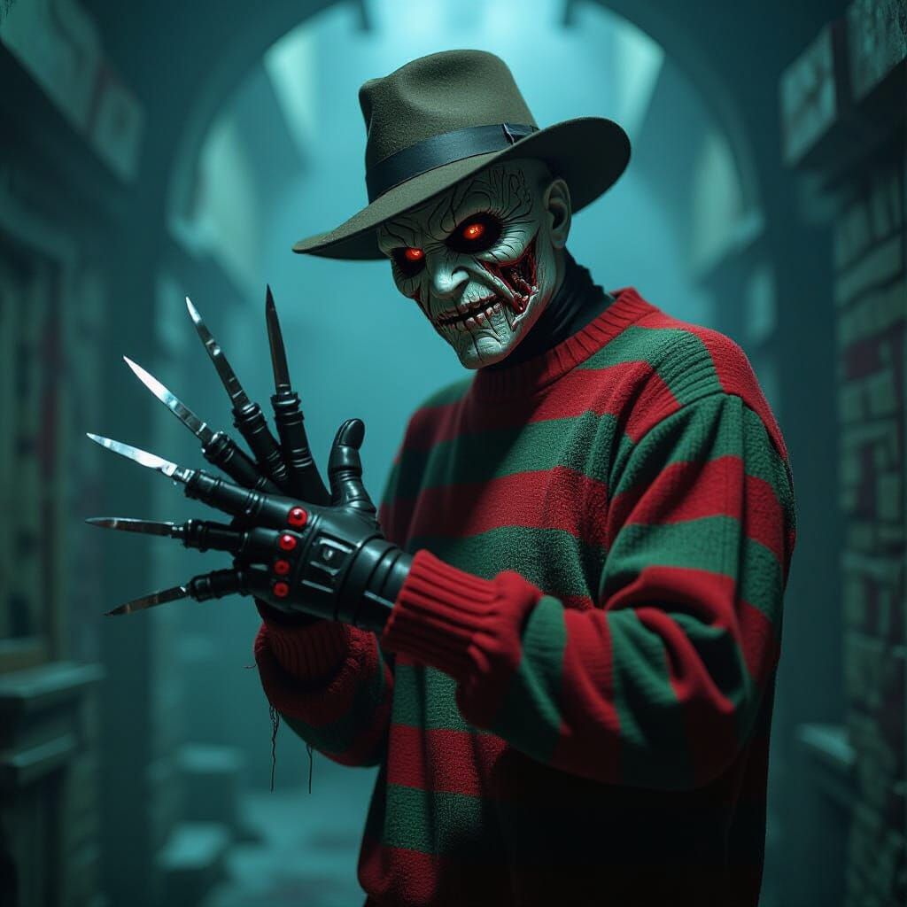 Nightmarish Freddy Krueger in Dark Surrealist Style