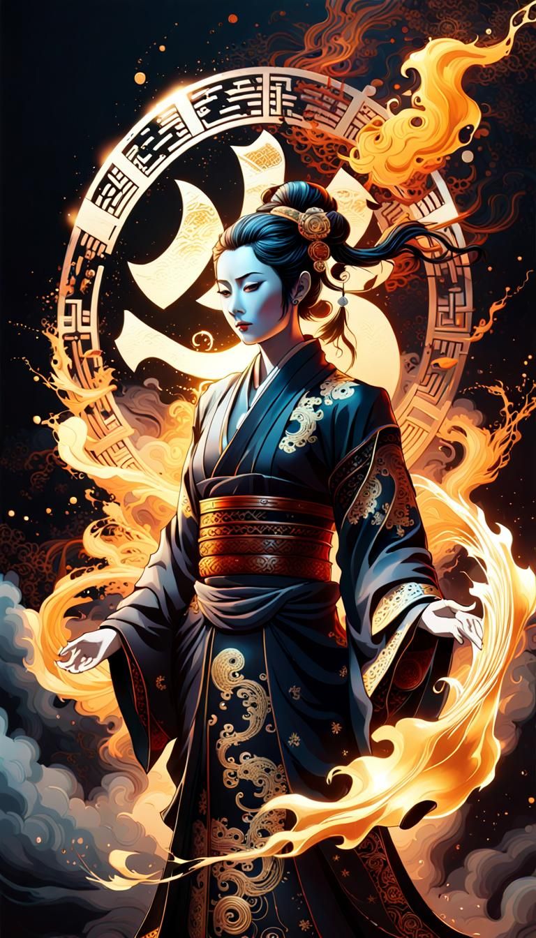 Luminescent Kanji Characters in Splatter Art Style