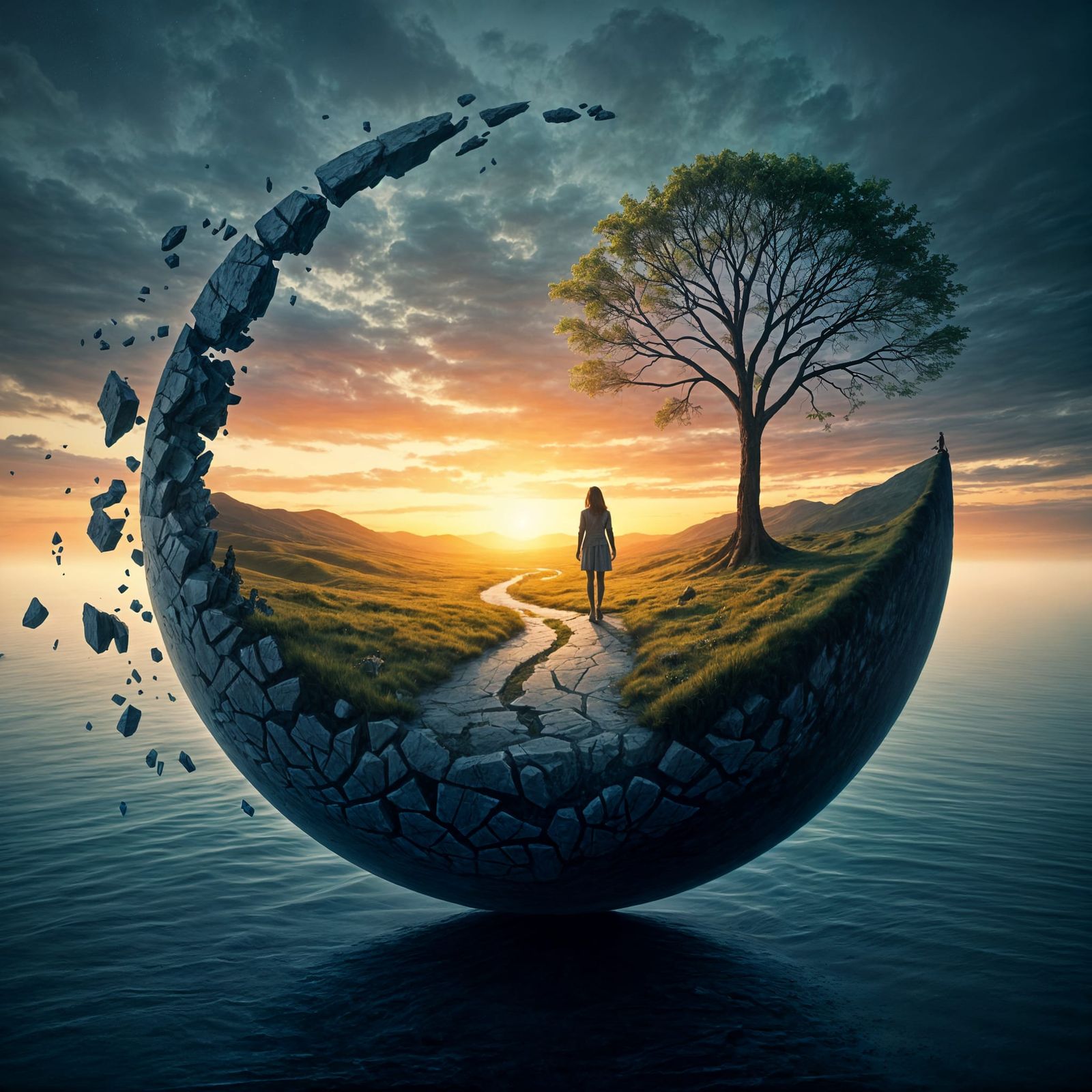Surreal Landscape with Fractured Globe and Meandering Woman