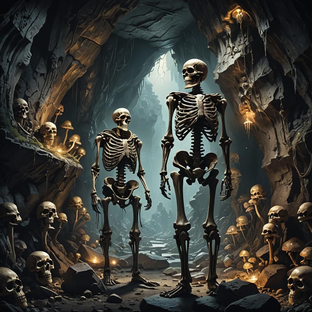 Eerie Human Skeleton in Dark Fantasy Cave