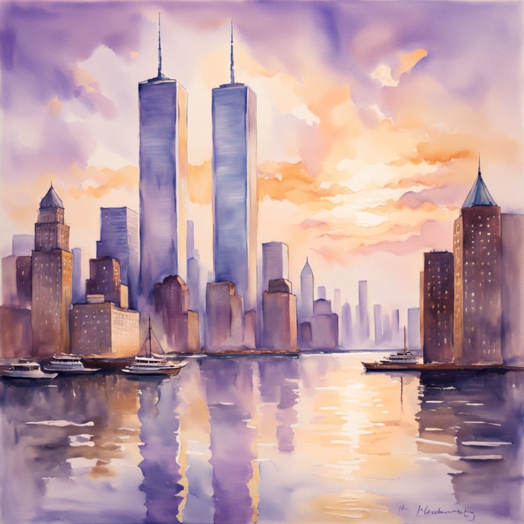 Watercolor Twin Towers Painting in Dreamy Impressionism