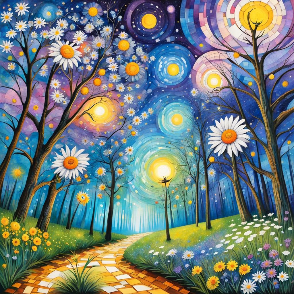 Enchanted Forest: Daisies Under Cosmic Sky