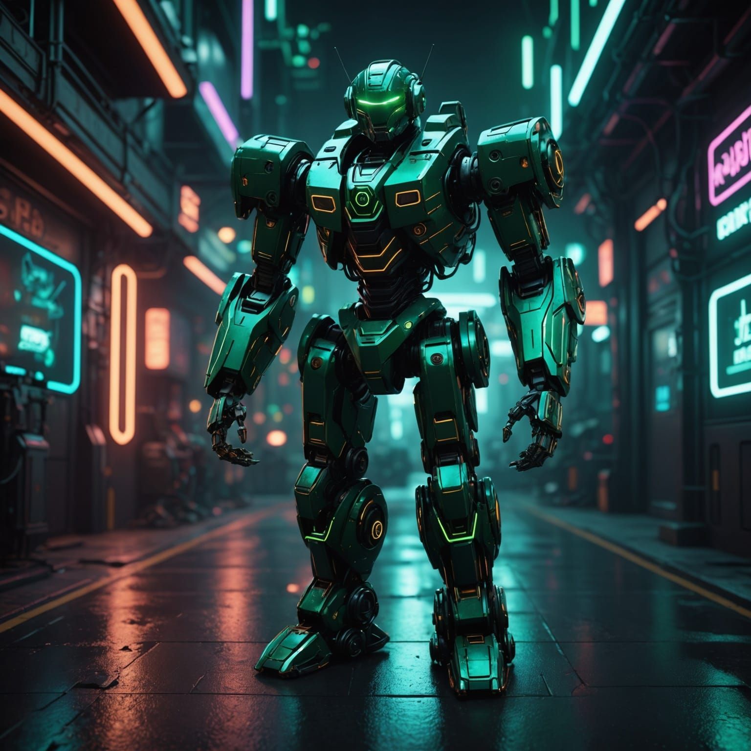 Futuristic Dark Green Robot in Neon Alley
