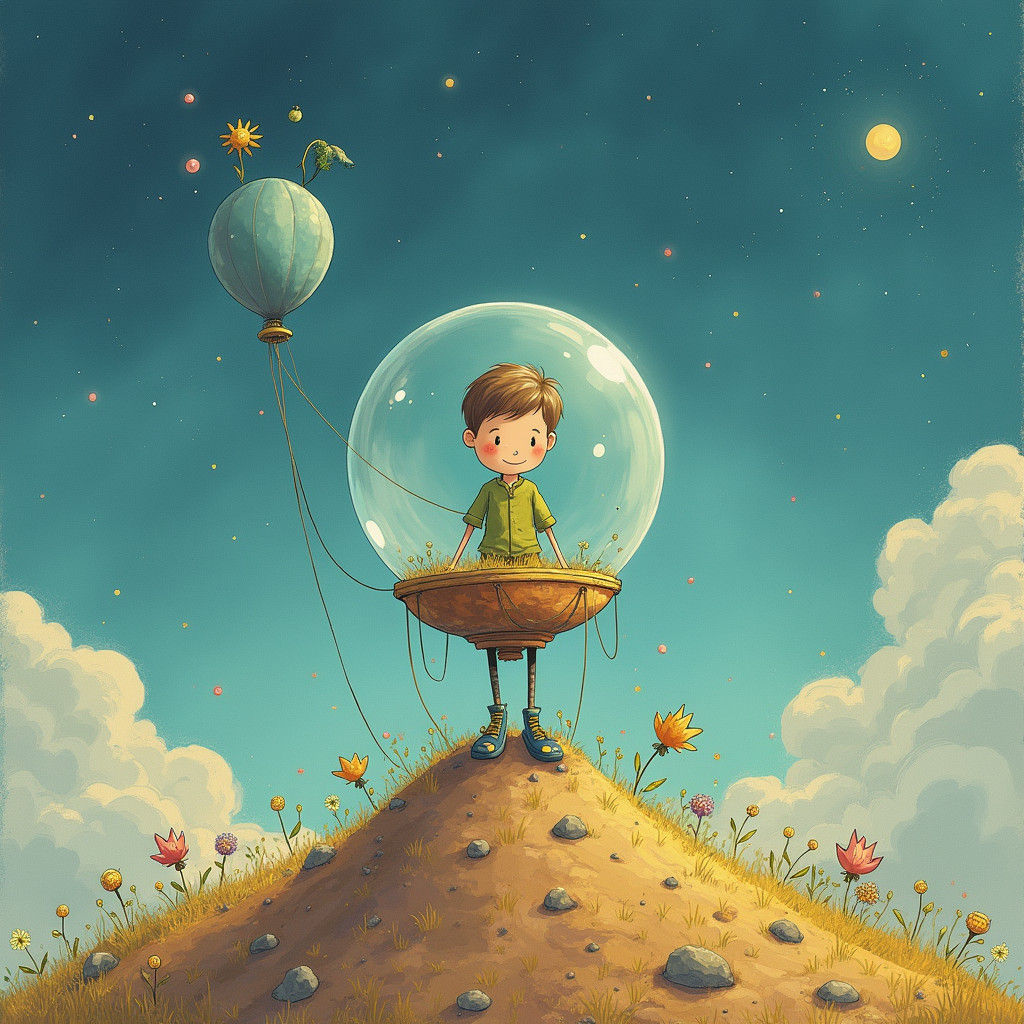 Bubble House on Meteorite: Little Prince Illustration