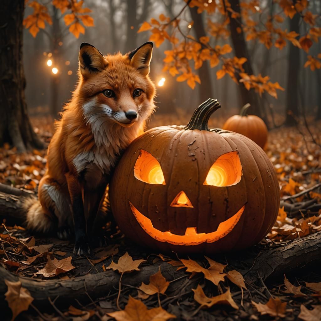 Fox Watches Halloween Pumpkin in Dark Forest