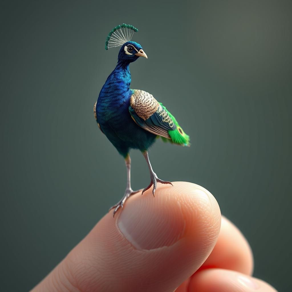 Ethereal Hyperrealism: Regal Peacock on Giant Finger