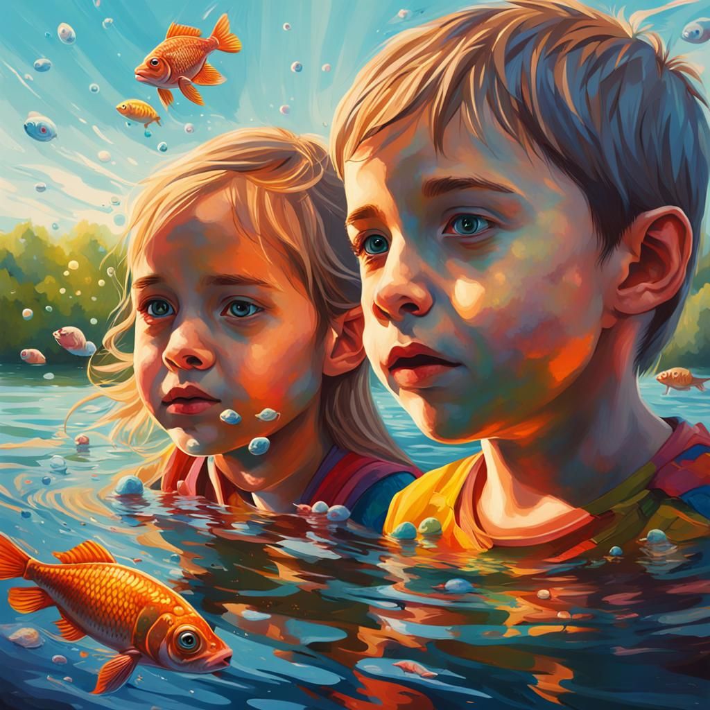 Brother and Sister Imagine Fish: Hyperrealistic Splash Art