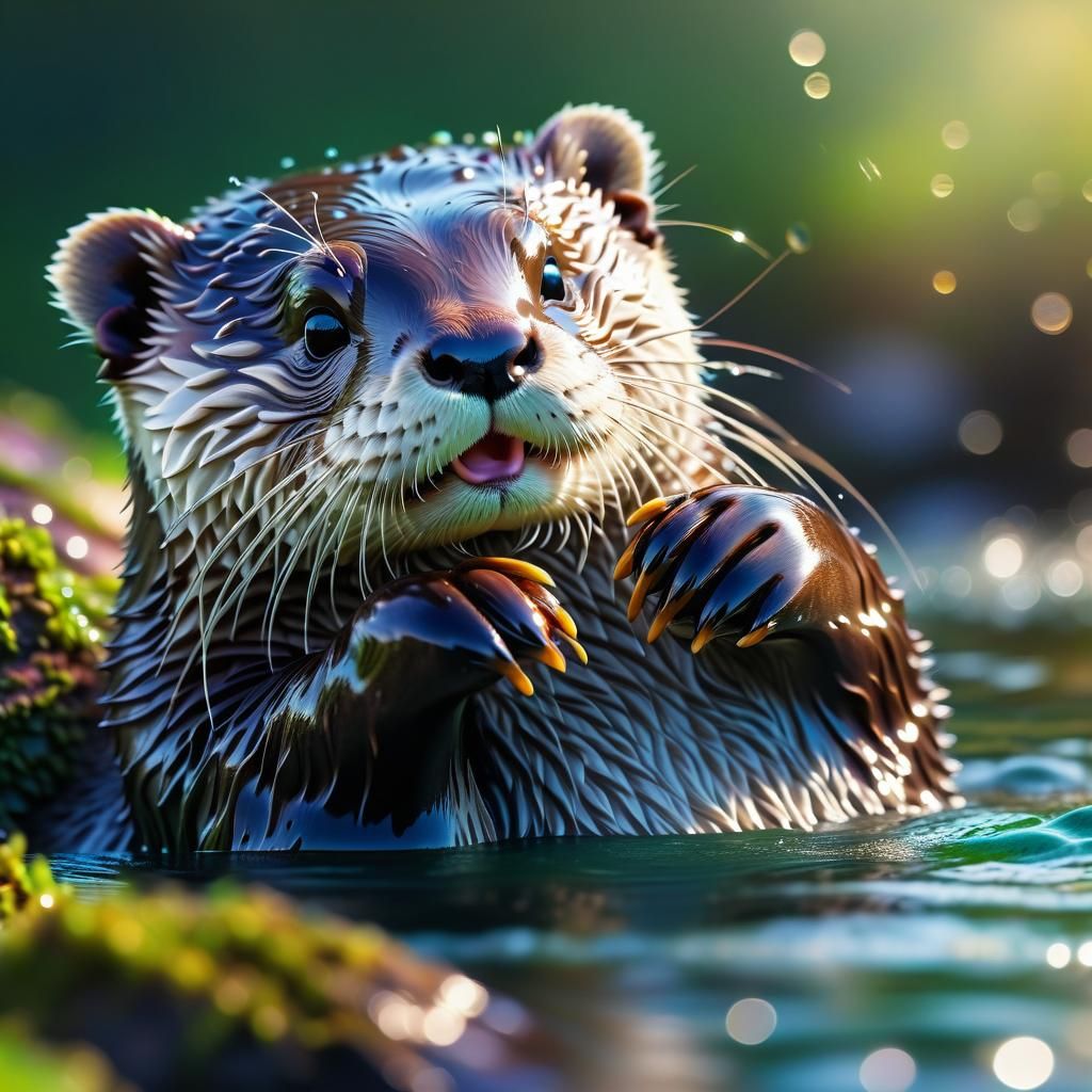 Cute Otter by River, Hyperrealistic Splash Art